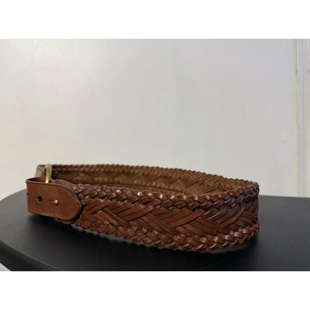 Fossil Brown Braided Leather Belt Brass Ring Buckle Size L Genuine Leather